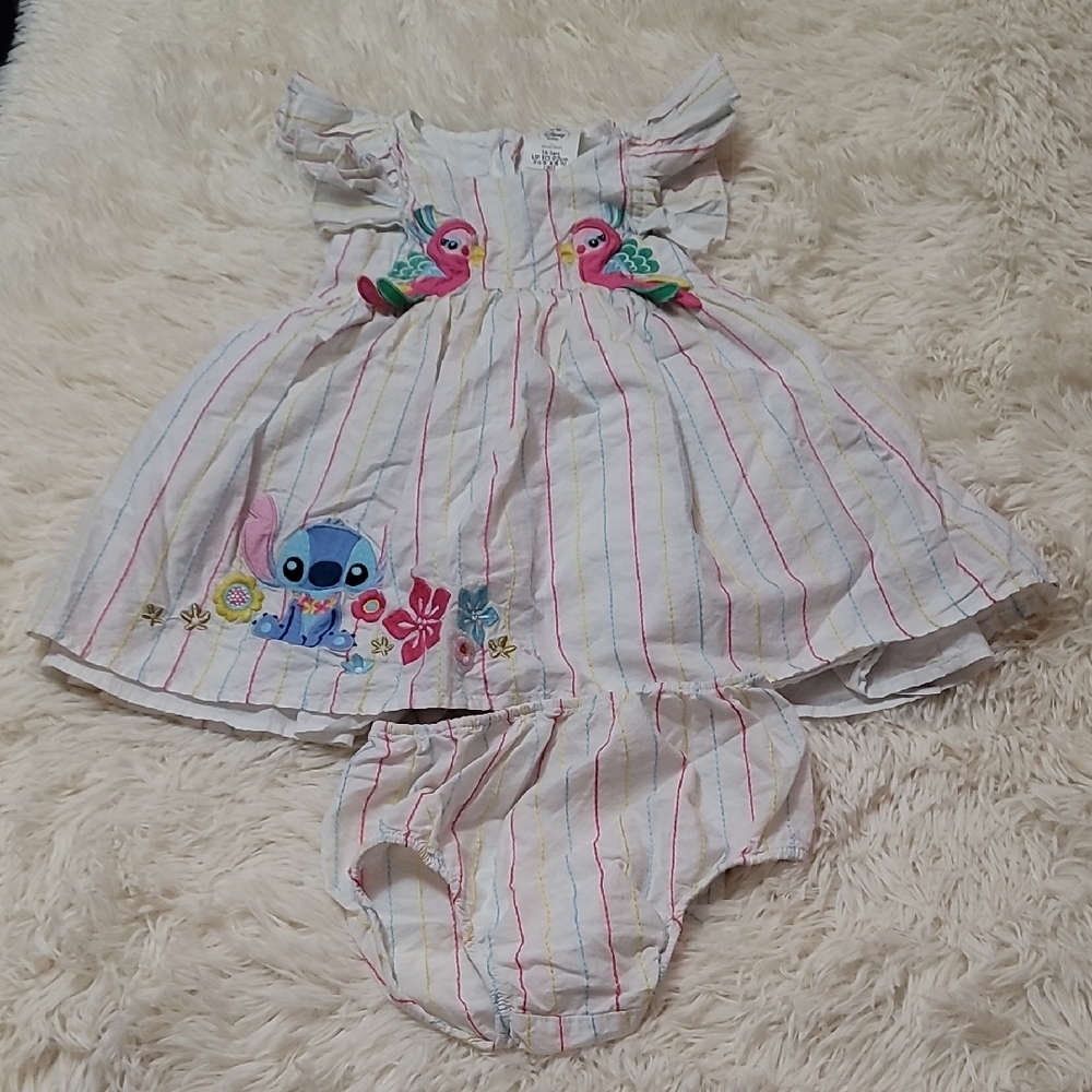Disney, Striped Dress with Stitch and Parrot Embroidery, Size 18/24 Months, Girl
